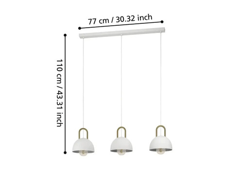 Taklampa med tre lampor och mått.