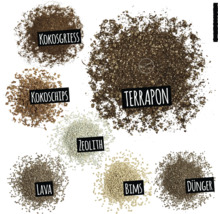 Bild av olika substrat: kokosfiber, kokoschips, terrapon, zeolit, lava, pimpsten och gödsel.
