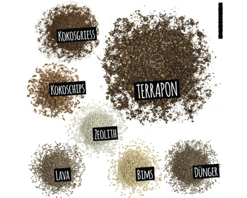 Bild av olika substrat: kokosfiber, kokoschips, terrapon, zeolit, lava, pimpsten och gödsel.