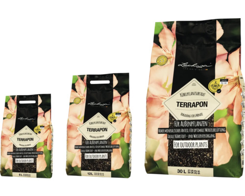 Tre förpackningar Lechuza Terrapon växtsubstrat för utomhusväxter i olika storlekar