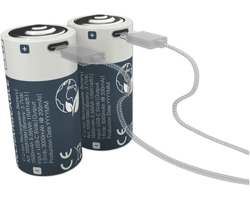 Laddbara batterier LUMAK PRO D Mono 1,5V 6500 mAh Li-ion 2 st. återuppladdningsbar med USB-C