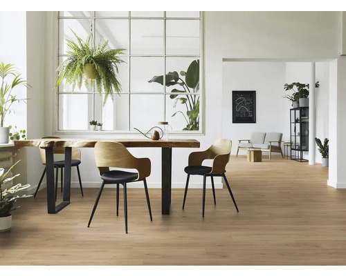 Ljust rum med trägolv, matbord, stolar och krukväxter