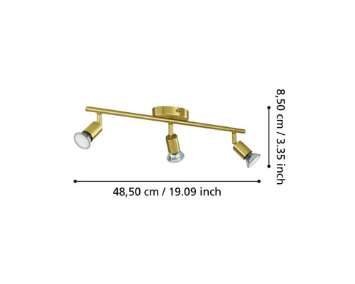 Taklampa med tre spotlights och måtten 48,50 cm lång och 8,50 cm hög
