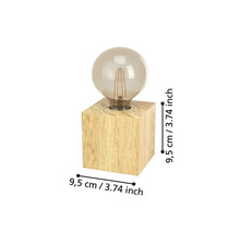 Bordslampa med kubformad träfot och rund glödlampa