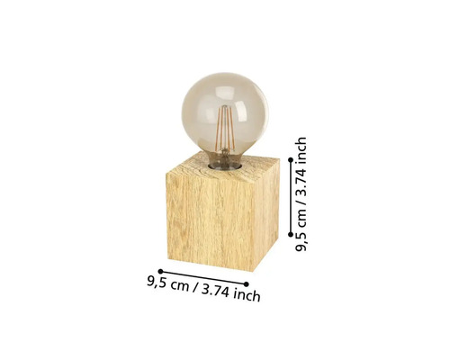 Bordslampa med kubformad träfot och rund glödlampa