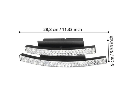 Mått på en taklampa med kristallutsmyckning: 28,8 cm lång och 9 cm hög.