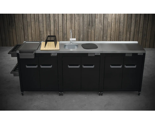 Grillkök med diskho, skärbräda och skåp för utomhusbruk