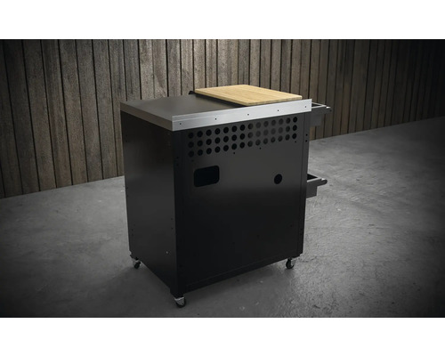 Svart grillbord med rostfri stålskiva och skärbräda i trä