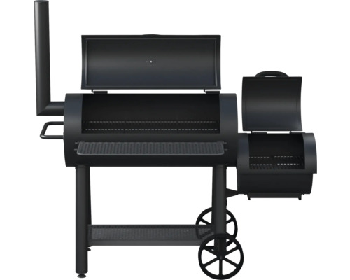 Grillvagn med hjul, öppen grill och sidofack