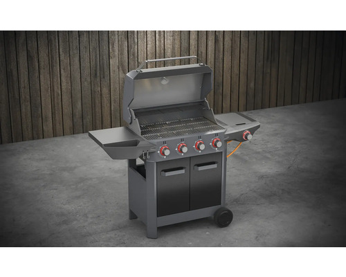 Gasolgrill med öppet lock, fyra brännare och skåp