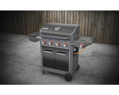 Gasolgrill med fyra brännare, sidobord och underskåp