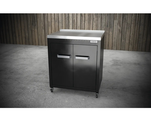 Verkstadsskåp med rostfri stålskiva och två dörrar