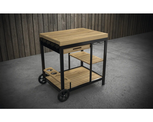 Serveringsvagn av metall och trä med förvaringsutrymme och hjul