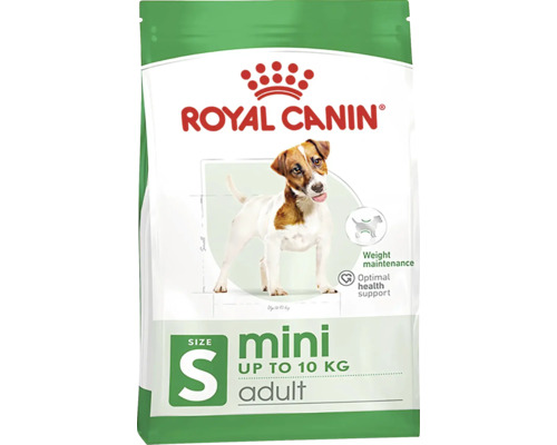 Royal Canin logotyp. Förpackning Royal Canin Mini Adult torrfoder för hundar upp till 10 kg för små raser. Viktupprätthållande. Optimalt hälsostöd.