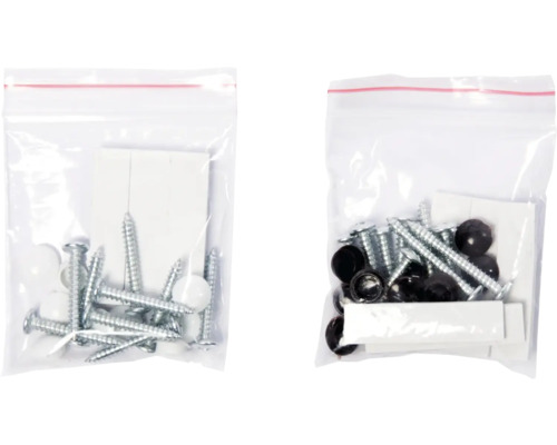 Två transparenta plastpåsar med skruvar och täcklock