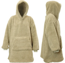 Oversized hoodie i teddyplysch med huva och ficka, fram- och sidovy.