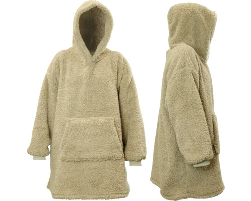 Oversized hoodie i teddyplysch med huva och ficka, fram- och sidovy.