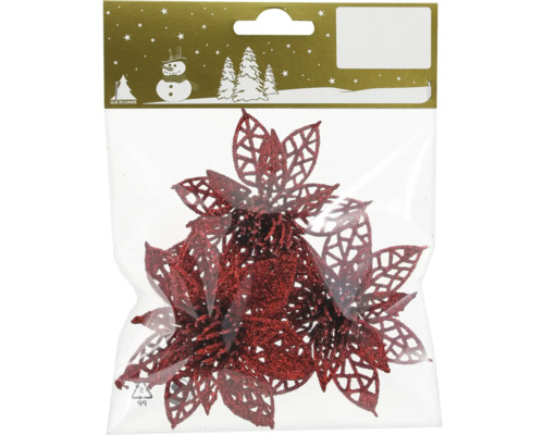 Förpackning med röda, glittriga julstjärnehängen för dekoration