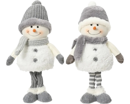 Två tygsnögubbar med mössor och halsdukar som juldekoration