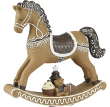 Dekorativ gungande häst med teddybjörn, present och gran som juldekoration