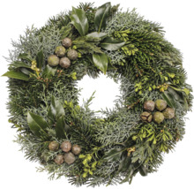 Dekorativ dörrkrans med olika gröna växter och kottar