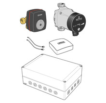Värmeregleringskomponenter inklusive blandare, pump, styrenhet, sensor och kopplingsdosa