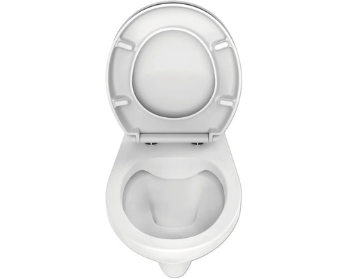 Vägghängd toalett med öppen spolkant och toalettsits uppifrån