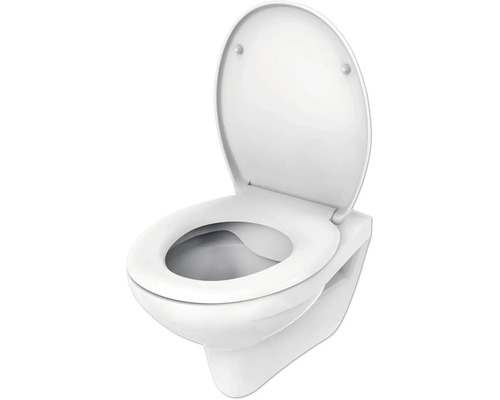 Vägghängd toalett med öppen spolkant och uppfällt säte