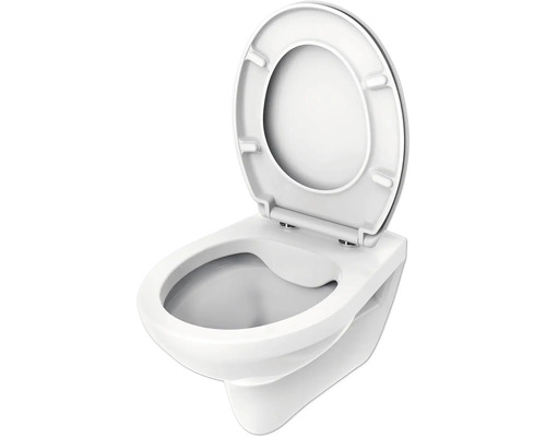 Vägghängd toalett med öppen spolkant och toalettsits