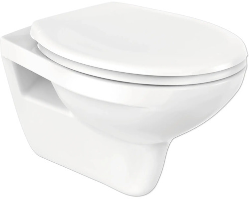 Vägghängd toalett i keramik med toalettsits