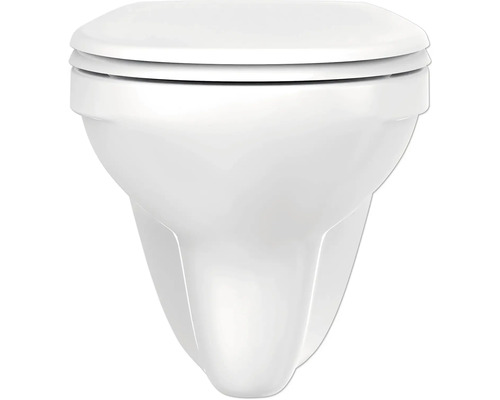 Vägghängd toalett med sluten spolkant och toalettsits