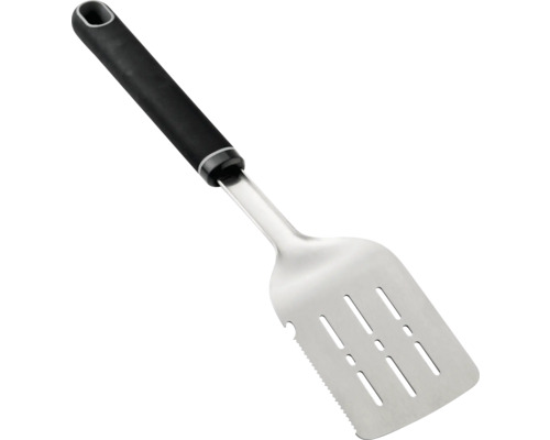 Grillspatel av rostfritt stål med spår och svart handtag