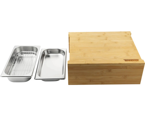 Rostfri behållare med grillgaller och skärbräda i bambu