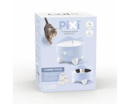 Förpackning med en Catit Pixi kombination av kattmat och dricksfontän