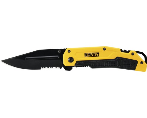 DeWALT logotyp på en fällkniv med svart blad och gult handtag