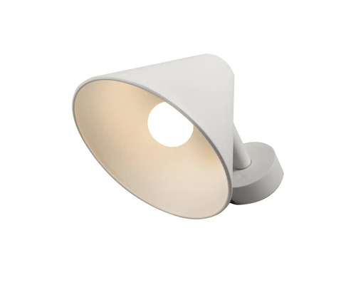 Vit vägglampa med konform och vridbart huvud.