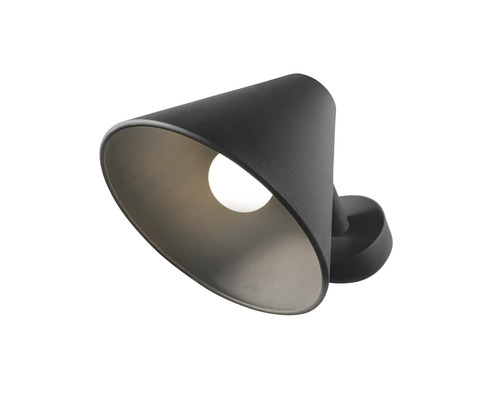 Svart vägglampa med konform och integrerad glödlampa.