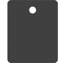 Grå rektangulär etikett med hål