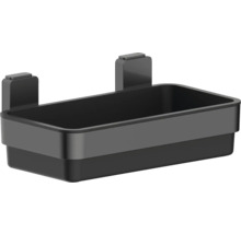 Svart duschkorg med hållare för förvaring av badrumsartiklar.