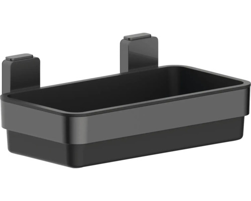 Svart duschkorg med hållare för förvaring av badrumsartiklar.