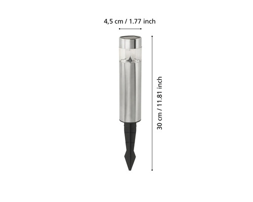 Sollampa i rostfritt stål med jordspett, cirka 30 centimeter hög och 4,5 centimeter bred