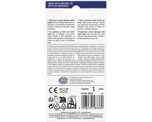 Forest Love leksaksförpackning som indikerar att den är gjord av naturliga eller återvunna material
