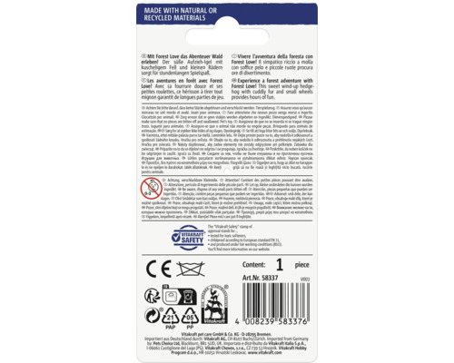 Baksidan av förpackningen till Forest Love uppdragbara igelleksak med produktinformation och logotyper