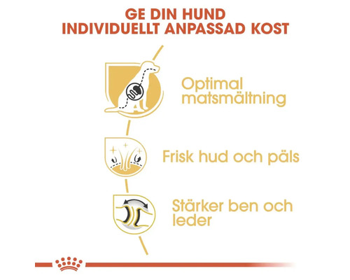 Symboler för optimal matsmältning, frisk hud och päls samt starka ben och leder i hundfoder
