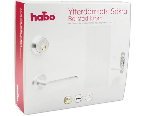 Habos dörrbeslagsats Säkra borstad krom för ytterdörrar i kartong