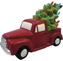 Dekorativ röd pickup truck figur med julgran och ljus