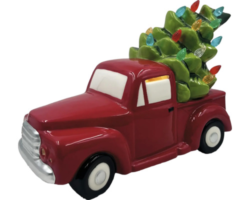 Dekorativ röd pickup truck figur med julgran och ljus