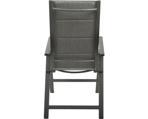 Trädgårdsstol av metall med textilklädsel, bakifrån