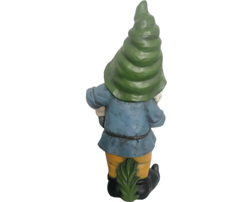 Bakifrån av en trädgårdstomtefigur med spetsig hatt