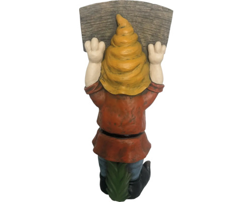 Trädgårdstomte som håller en träskylt, bakifrån